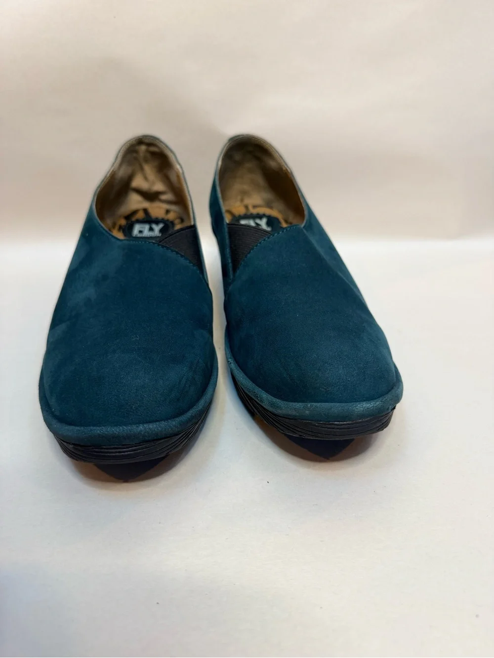 Fly London Teal Petrol Blue Wedge Slip On Shoes Elastic Gore Womens 40